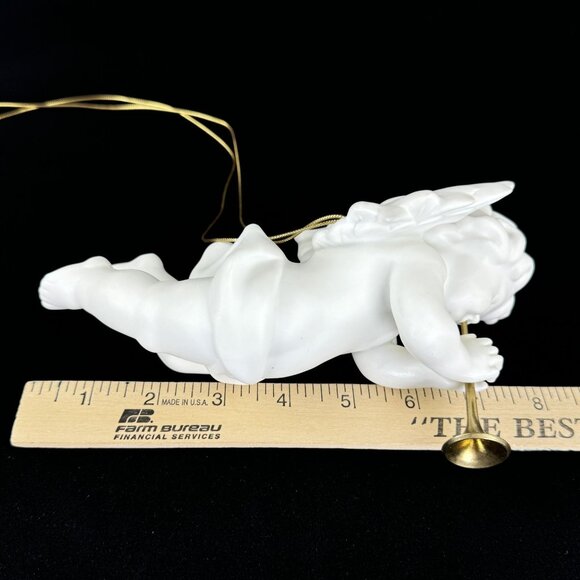 Vintage Porcelain Cherub Angel Hanging Figurine Gold Cord Brass Trumpet Ornament - Picture 10 of 16